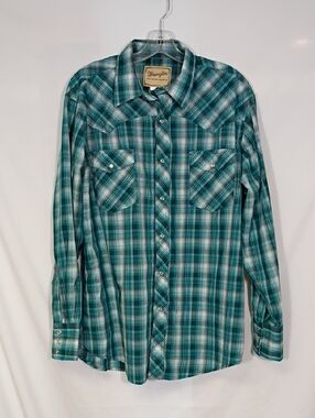 EUC Wrangler Teal Blue Green Plaid Pearl Snap Long Slv Shirt Men Western Size Lg